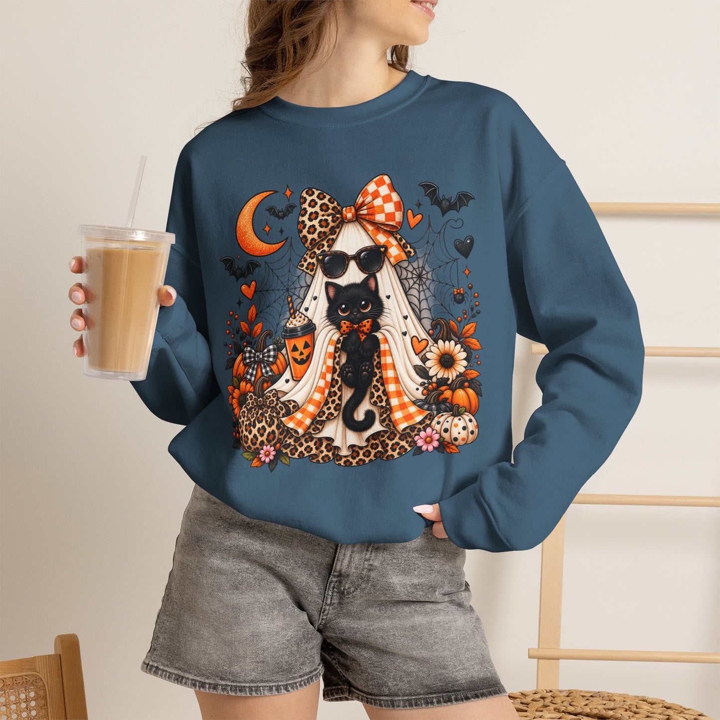 Halloween Black Cat Crewneck Sweatshirt — Cute Spooky Fall Sweater