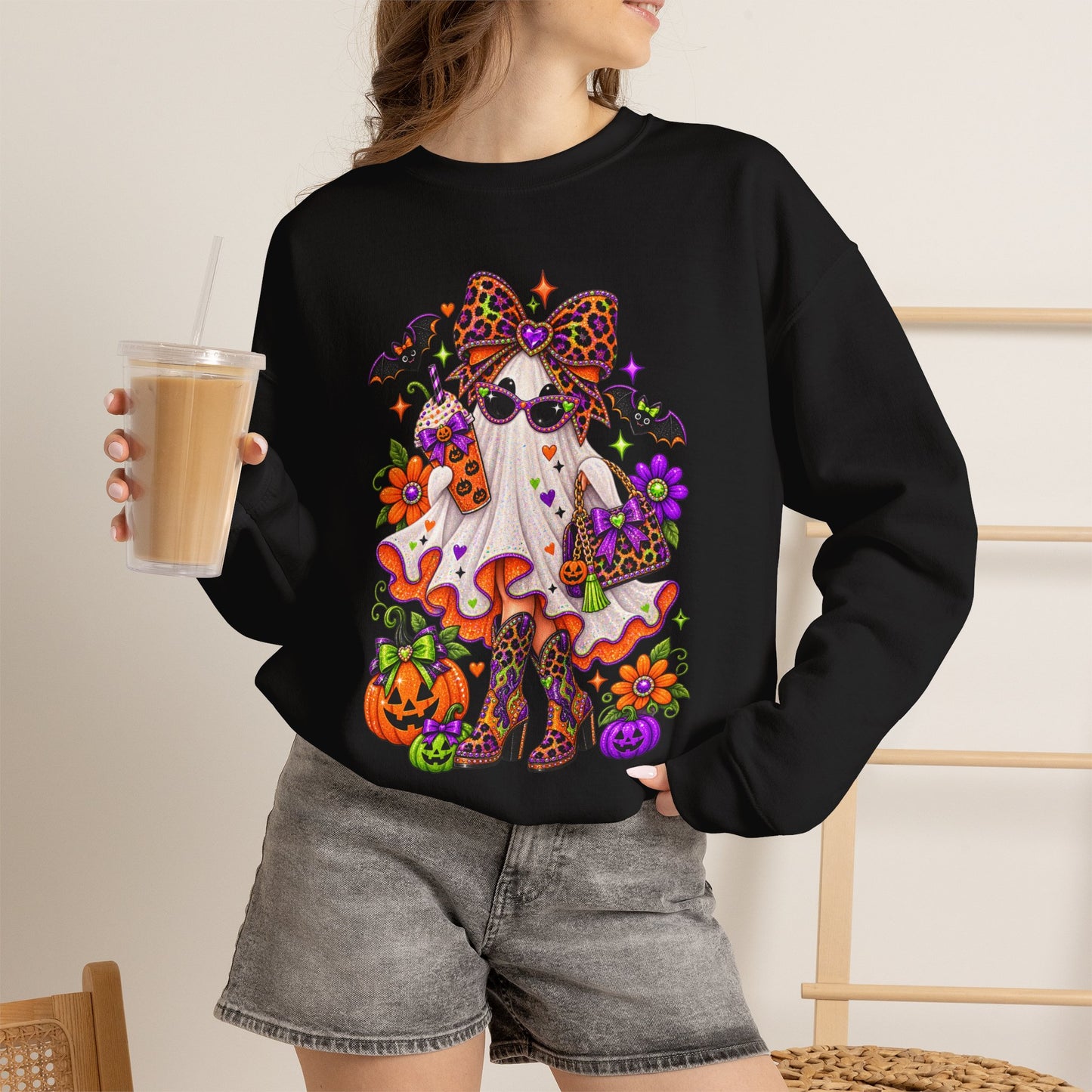 Halloween Ghost Cat Crewneck Sweatshirt — Cute Spooky Pumpkin & Bat Graphic