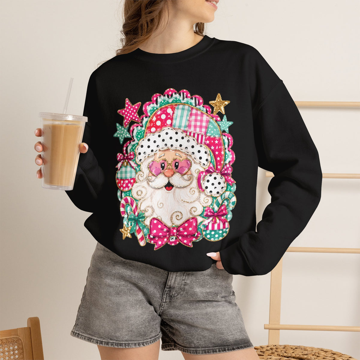 Pink Patchwork Santa Sweatshirt — Cute Christmas Crewneck for Women & Kids