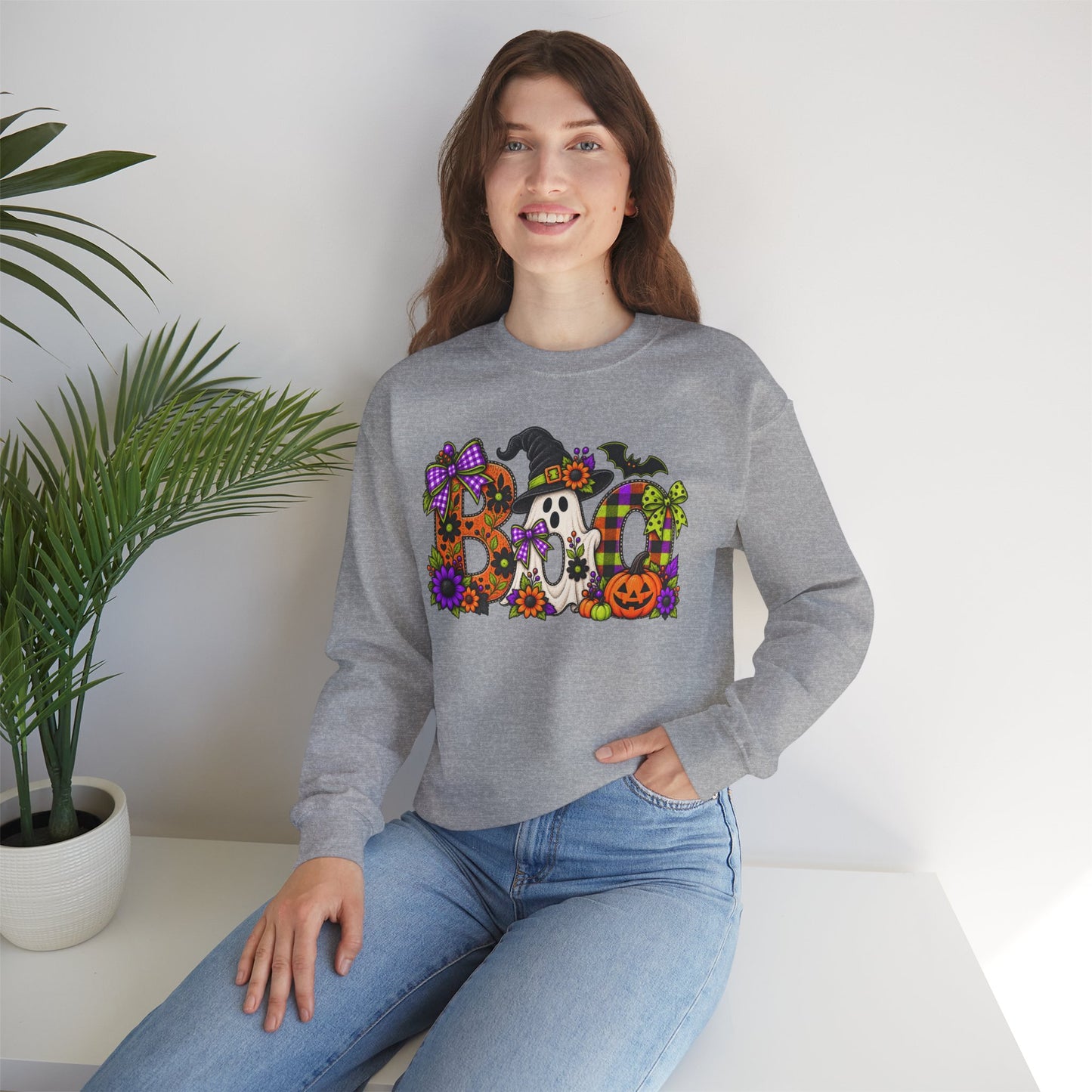 Halloween "BOO!" Crewneck Sweatshirt — Cute Spooky Ghost & Pumpkin Pullover