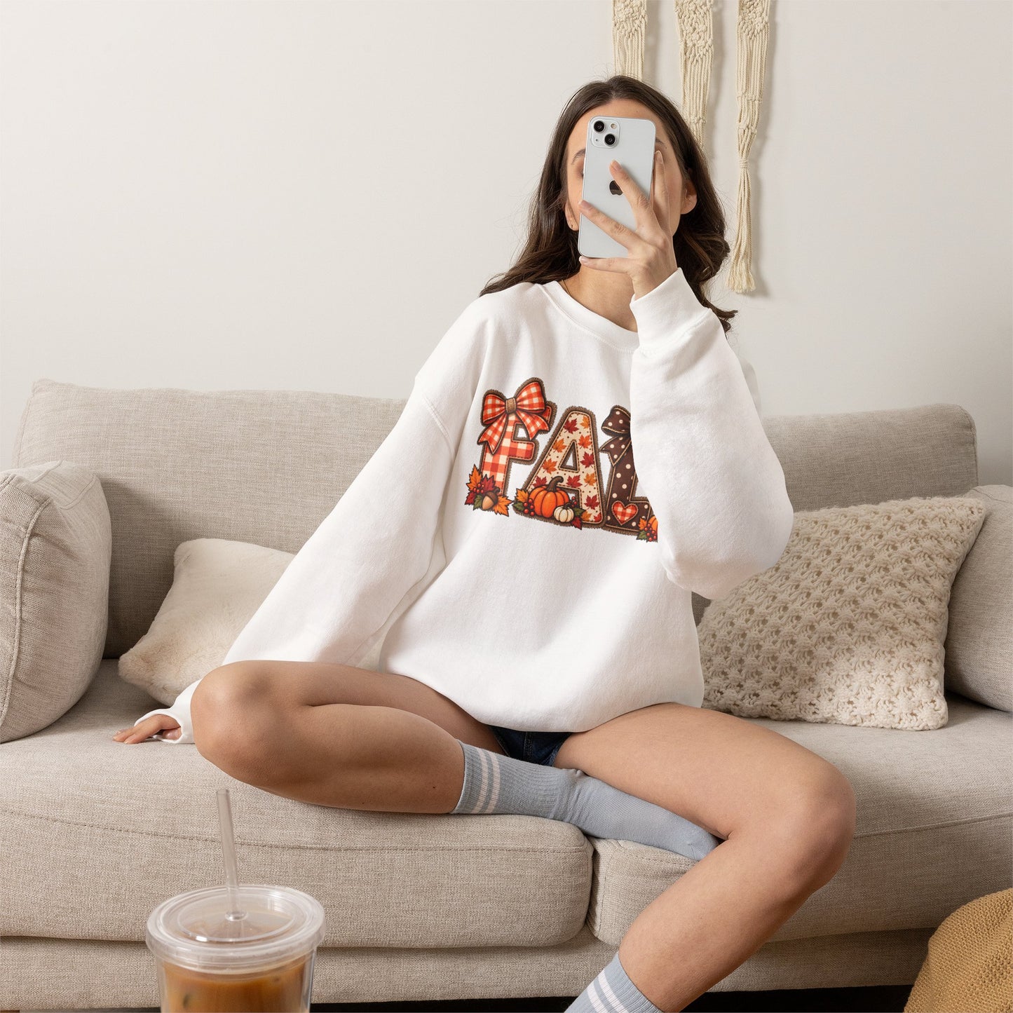 Fall Plaid Crewneck Sweatshirt — Autumn Pumpkins & Bows Design