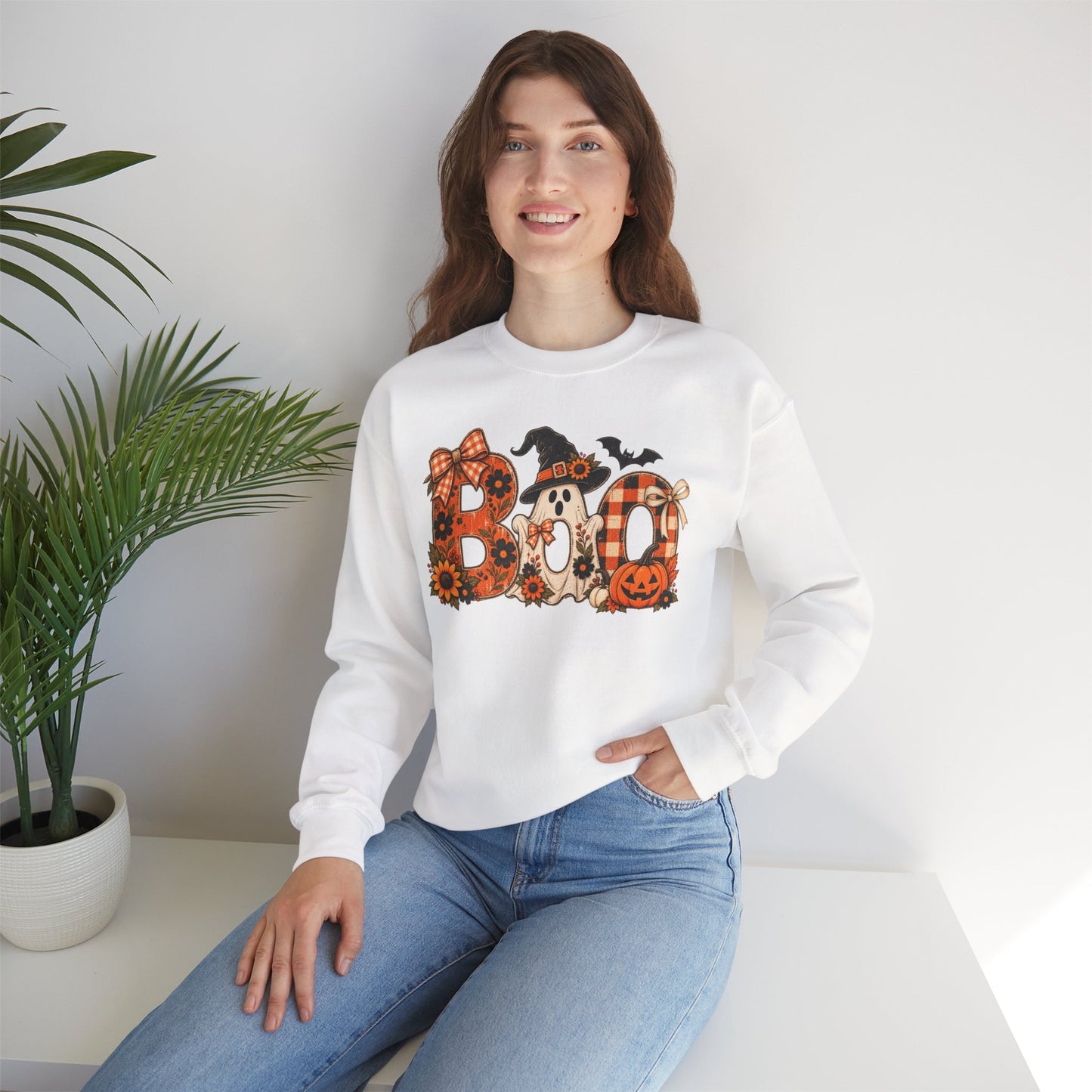 Halloween "Boo" Crewneck Sweatshirt — Cute Pumpkin & Ghost Fall Pullover